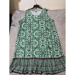 Catherines 3X Green White Sleeveless Dress Plus Size Boho Print Border Hem